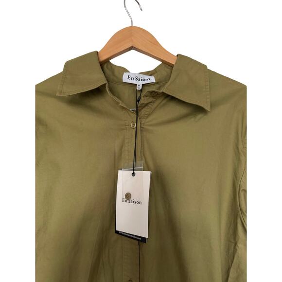 En Saison Olive Mini Shirtdress Button Front Size Medium Long Sleeve Collared - Picture 4 of 7